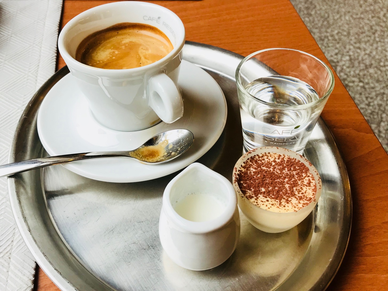 Coffee at J&T Banka Café (former Cafe Elektra), served with a small cup of tiramisu, in Ostrava, Czech Republic.