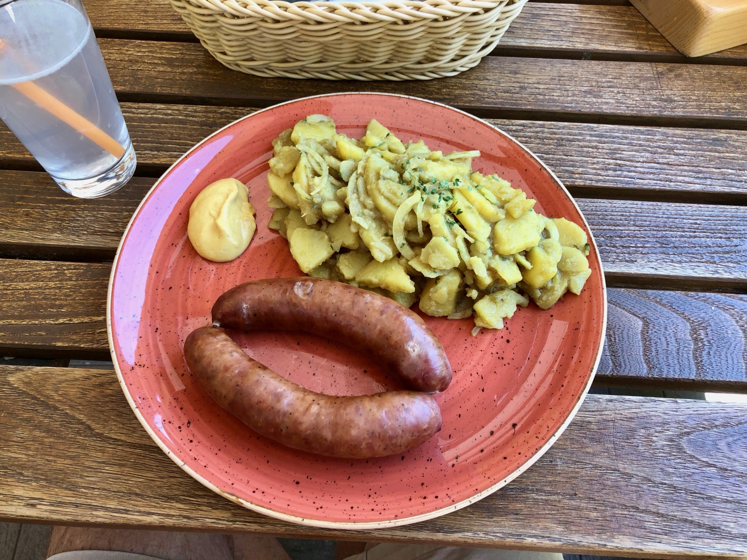 Lunch in the town of Bohinjska Bistrica, Slovenia, at Gostilnica Štrudl. Local sausage, mustard, and potato salad.