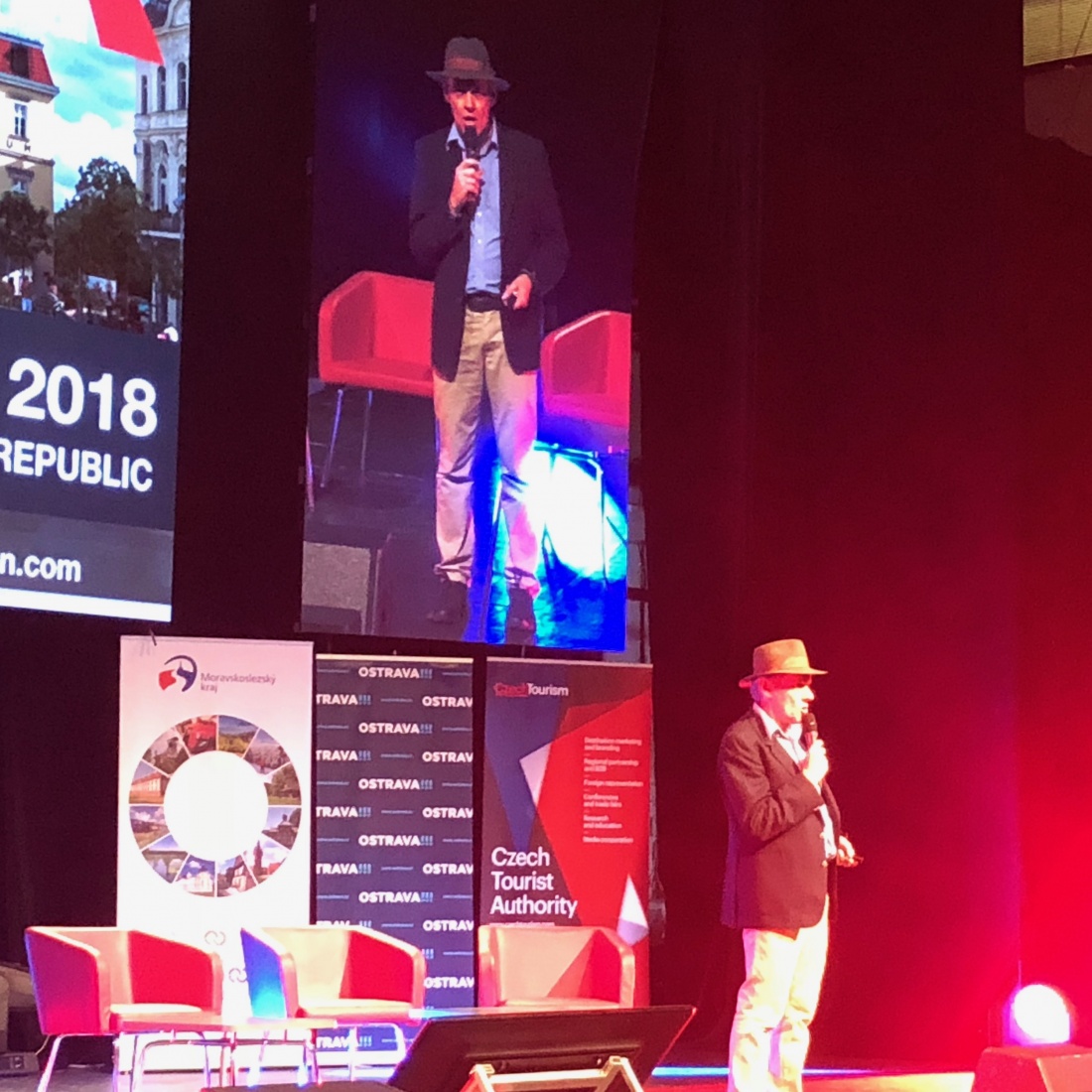 Conference organizer Shane Dallas addresses the crowd on opening day at TBEX Europe 2018 presentation, in Ostrava, Czech Republic.