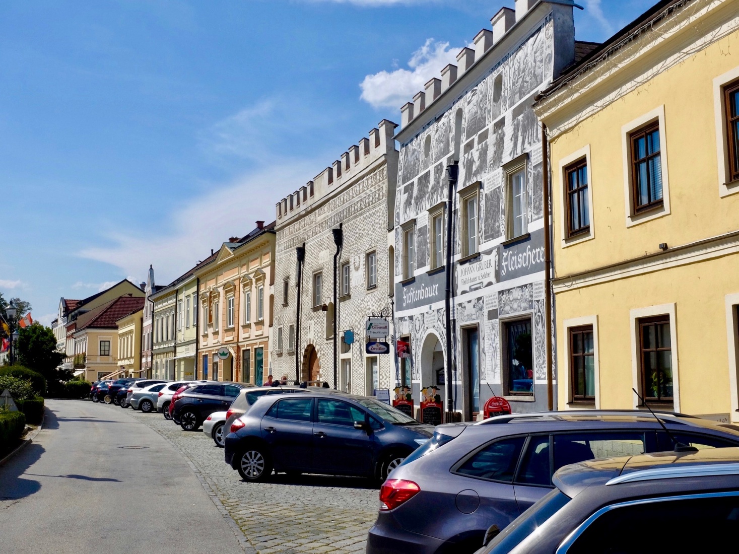 16th century Renaissance buildings line the square in prospering Gmünd, Austria.