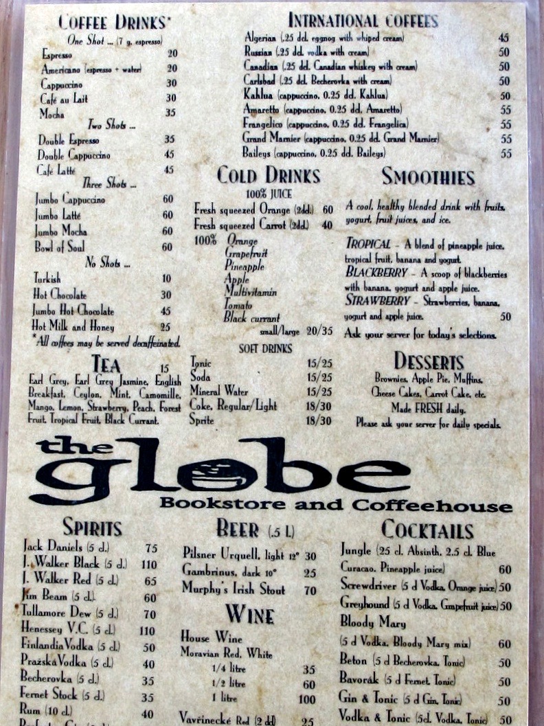 An old menu from The Globe coffeehouse.