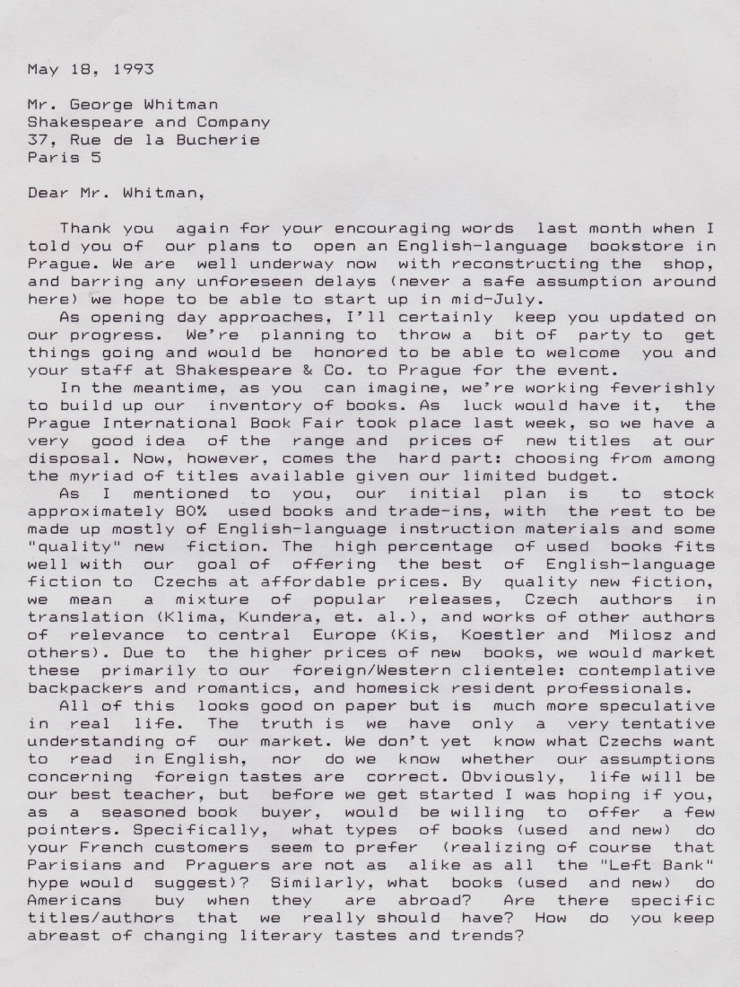 Photo of a letter detailing the plan to establish links between other English bookstores in Europe and The Globe in Prague, Czech Republic.